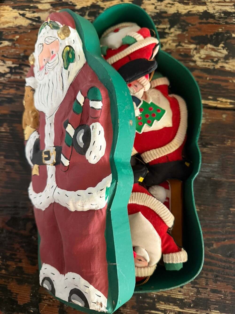 Santa & Teddy Pressed Cardboard Box Full of Handmade Puffy Santa Ornaments Vtg